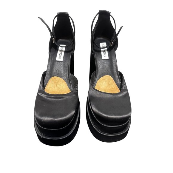 Steve Madden Charliz Platform Pump Heels Women 9 Black Satin Chunky Comfort Prom - Picture 10 of 16